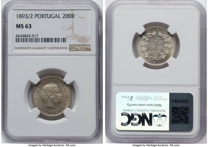 Carlos I 200 Reis 1893/2 MS63 NGC, KM534. From the Sant'Anna Collection HID09801...