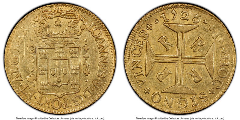 João V gold 4000 Reis 1725-R AU Details (Scratch) PCGS, Rio de Janeiro mint, KM1...