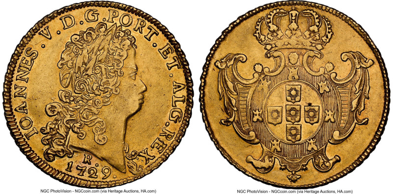 João V gold 12800 Reis (Dobra) 1729-R AU55 NGC, Rio de Janeiro mint, KM140, LMB-...