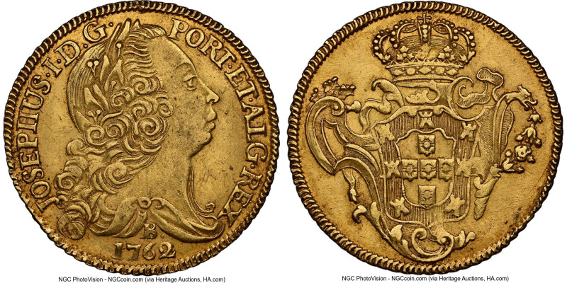 José I gold 6400 Reis (Peça) 1762-B AU55 NGC, Bahia mint, KM172.1, LMB-392. A sl...