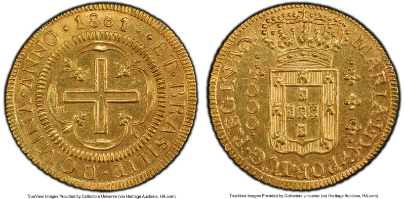 Maria I gold 4000 Reis 1801/790 AU Details (Cleaned) PCGS, Bahia mint, KM225.2, ...