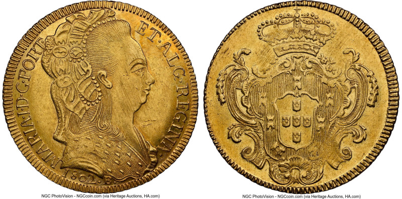 João Prince Regent gold 6400 Reis (Peça) 1802-B MS62 NGC, Bahia mint, KM226.2, L...