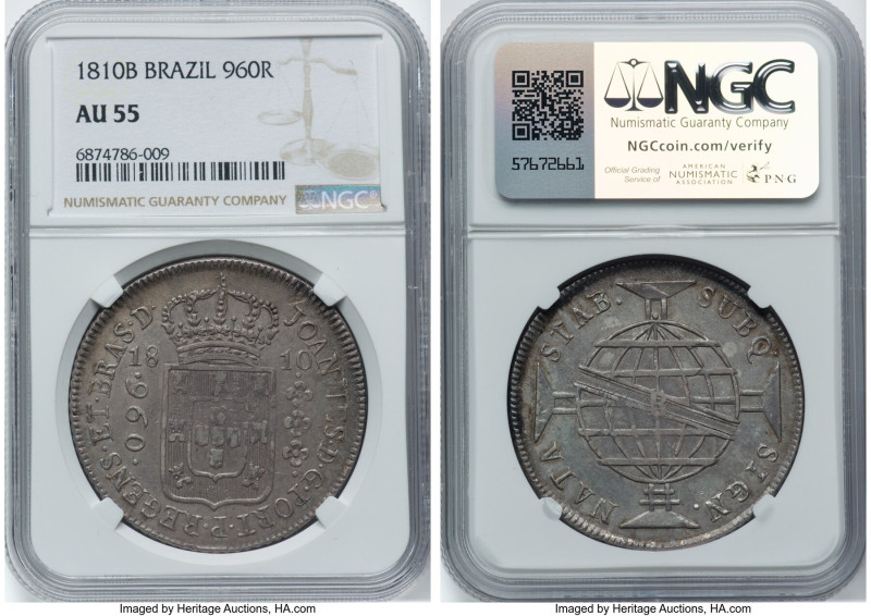 João Prince Regent 960 Reis 1810-B AU55 NGC, Bahia mint, KM307.1, LMB-395. Overs...