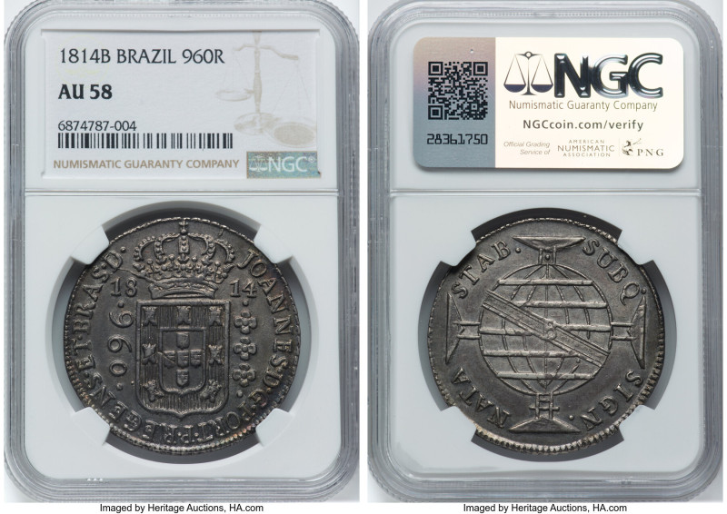 João Prince Regent 960 Reis 1814-B AU58 NGC, Bahia mint, KM307.1, LMB-399. Overs...