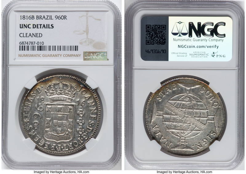 João Prince Regent 960 Reis 1816-B UNC Details (Cleaned) NGC, Bahia mint, KM307....