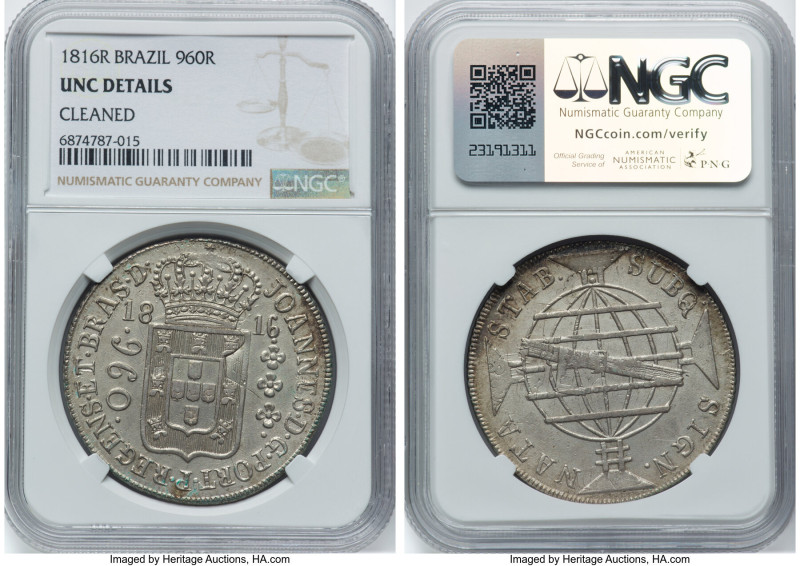 João Prince Regent 960 Reis 1816-R UNC Details (Cleaned) NGC, Rio de Janeiro min...