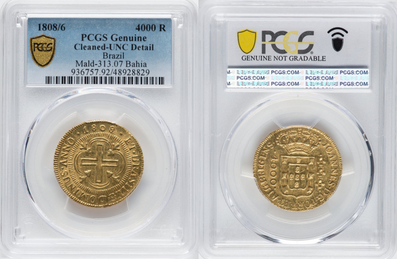 João Prince Regent gold 4000 Reis 1808/6-(B) UNC Details (Cleaned) PCGS, Bahia m...