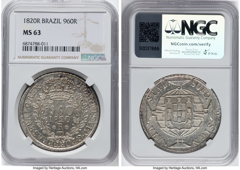 João VI 960 Reis 1820-R MS63 NGC, Rio de Janeiro mint, KM326.1, LMB-478. Overstr...