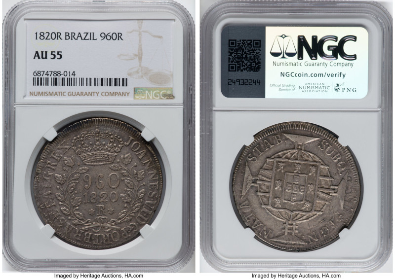 João VI 960 Reis 1820-R AU55 NGC, Rio de Janeiro mint, KM326.1, LMB-478. Overstr...