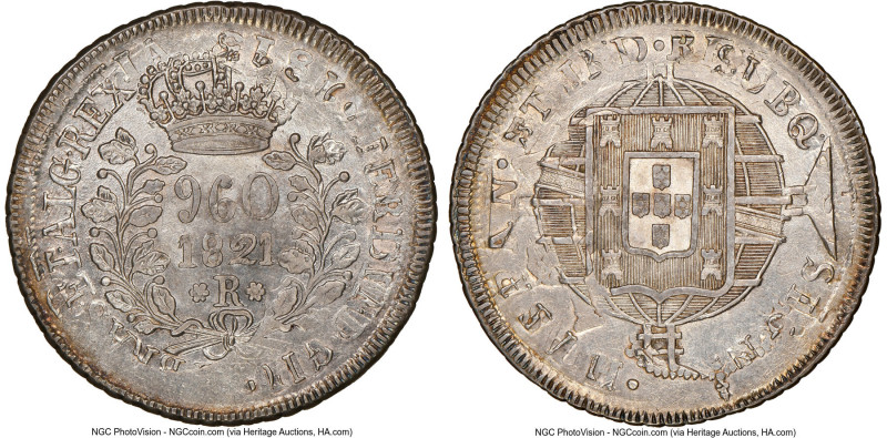 João VI 960 Reis 1821-R AU58 NGC, Rio de Janeiro mint, KM326.1, LMB-479. Overstr...