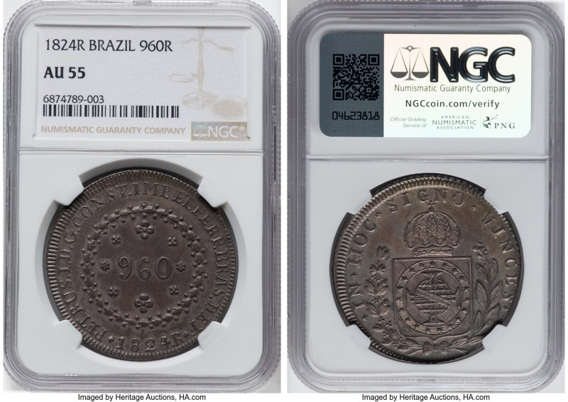 Pedro I 960 Reis 1824-R AU55 NGC, Rio de Janeiro mint, KM368.1, LMB-505. Overstr...