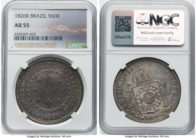 Pedro I 960 Reis 1826-R AU55 NGC, Rio de Janeiro mint, KM368.1, LMB-507. Overstr...