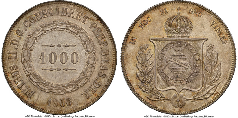 Pedro II 1000 Reis 1866 MS65 NGC, Rio de Janeiro mint, KM465, LMB-614. Final yea...