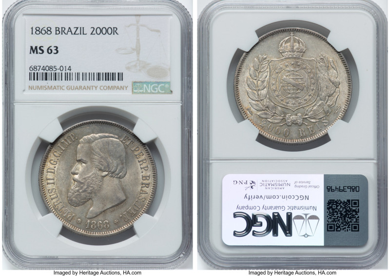 Pedro II 2000 Reis 1868 MS63 NGC, KM475. One of three in the highest grade assig...