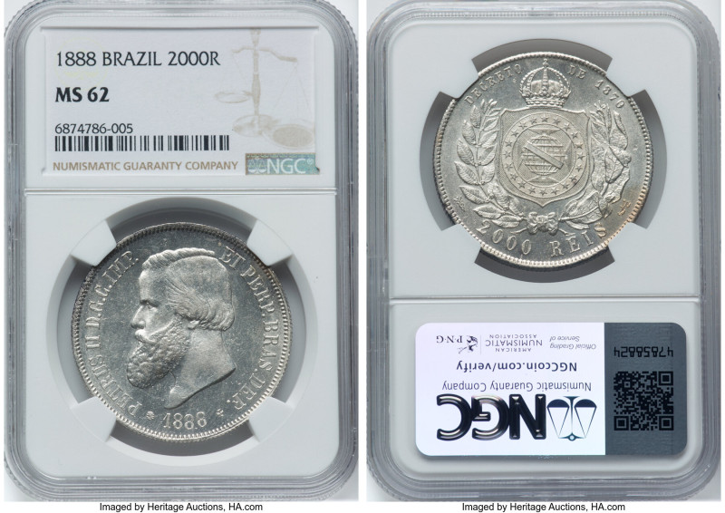 Pedro II Pair of Certified 2000 Reis NGC, 1) 1888 MS62 2) 1887 AU Details (Clean...