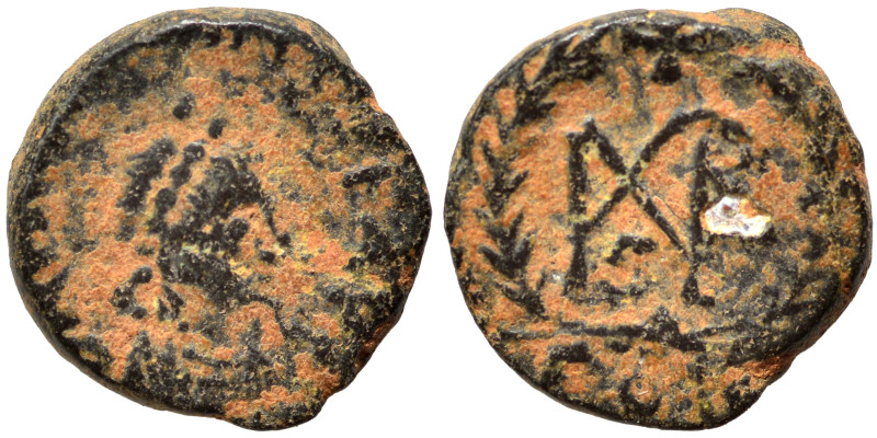 Marcian, 450-457. Nummus (bronze, 0.74 g, 9 mm). D N MARCIANVS P F AV Diademed, ...