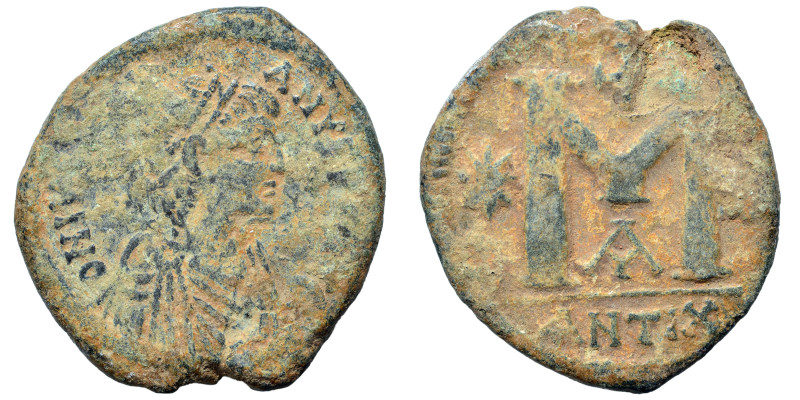 Justinian I, 527-565. Follis (bronze, 15.12 g, 32 mm), Theoupolis (Antioch). D N...