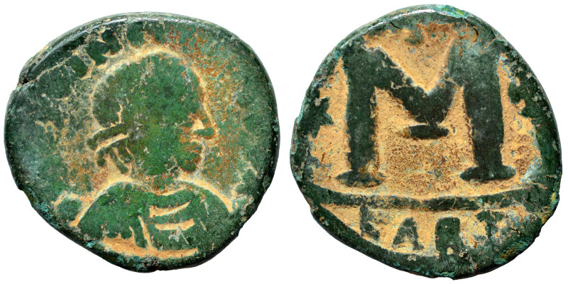 Justinian I, 527-565. Follis (bronze, 13.66 g, 27 mm), Carthage. DN IVSTINIANVS ...