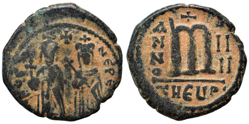 Phocas, with Leontia, 602-610. Follis (bronze, 10.45 g, 27 mm), Theoupolis (Anti...