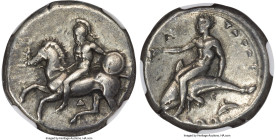 CALABRIA. Tarentum. Ca. 380-340 BC. AR didrachm (20mm, 8h). NGC Choice VF, Fine Style. D- and E-, magistrates. Helmeted, nude warrior on horseback gal...