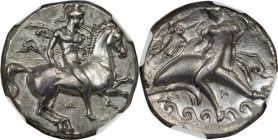 CALABRIA. Tarentum. Ca. 340-334 BC. AR stater or didrachm (21mm, 7.70 gm, 4h). NGC Choice AU 4/5 - 4/5, Fine Style. D-, A-, S-, Ͱ-, magistrates. Warri...