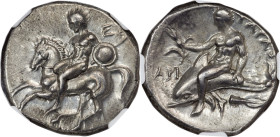 CALABRIA. Tarentum. Ca. 302-280 BC. AR didrachm (21mm, 7.90 gm, 5h). NGC Choice AU 4/5 - 4/5, Fine Style. Nikon and Ey-, magistrates. Nude warrior dis...