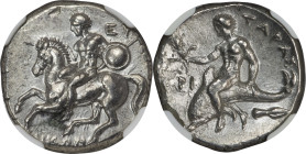 CALABRIA. Tarentum. Ca. 302-280 BC. AR didrachm (21mm, 7.68 gm, 3h). NGC Choice AU 5/5 - 2/5, Fine Style. Nikon and Ey-, magistrates. Nude warrior dis...