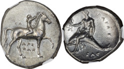 CALABRIA. Tarentum. Ca. 302-280 BC. AR didrachm (23mm, 7.90 gm, 10h). NGC Choice AU 4/5 - 3/5, Fine Style. Arethon, Sa- and Kas, magistrates. Nude you...