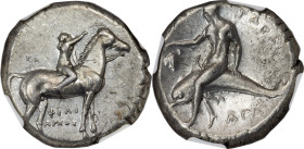 CALABRIA. Tarentum. Ca. 302-280 BC. AR didrachm (21mm, 7.86 gm, 7h). NGC AU 4/5 - 4/5, Fine Style. Philiarchus, Sa-, and Aga-, magistrates. Youth seat...