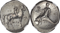 CALABRIA. Tarentum. Ca. 302-280 BC. AR didrachm (23mm, 7.95 gm, 1h). NGC AU 4/5 - 4/5, Fine Style. Arethon, Sa- and Kas, magistrates. Nude youth on ho...