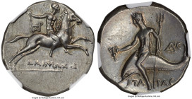 CALABRIA. Tarentum. Ca. 240-228 BC. AR stater or didrachm (22mm, 6.51 gm, 2h). NGC AU 4/5 - 4/5, brushed. Daimachus, Su-, Ep. Nude youth on horse leap...