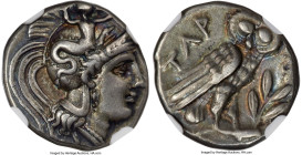 CALABRIA. Tarentum. Ca. 3rd century BC. AR drachm (16mm, 3.22 gm, 9h). NGC XF 4/5 - 5/5. Ca. 302-280 BC, Ior- magistrate. Head of Athena right, wearin...