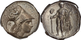 LUCANIA. Heraclea. Ca. 330-280 BC. AR stater (21mm, 7.78 gm, 2h). NGC Choice XF 5/5 - 2/5, Fine Style, graffito. ΗΕPΑΚΛΗΙΩΝ, head of Athena right, hai...