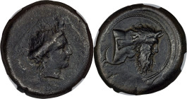 SICILY. Herbessus. Ca. 339-325 BC. AE drachm (27mm, 19.32 gm, 10h). NGC VF S 4/5 - 3/5, Fine Style, overstruck. EPBEΣΣINΩN, head of Sikelia right, wre...