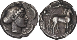 SICILY. Syracuse. Second Democracy (ca. 466-405 BC). AR tetradrachm (25mm, 17.23 gm, 3h). NGC Choice VF 4/5 - 4/5, Fine Style. Ca. 430-420 BC. Male ch...