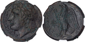 SICILY. Syracuse. Hicetas (ca. 288-279/8 BC). AE (23mm, 9.67 gm, 1h). NGC AU 5/5 - 3/5, Fine Style. ΣYPAKOΣIΩN, laureate head of Zeus Hellanios left; ...
