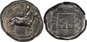 MACEDON. Mende. Ca. 460-423 BC. AR tetradrachm (25mm, 16.61 gm, 11h). NGC XF 4/5 - 3/5, Fine Style. Dionysus reclining left on the back of an ass walk...