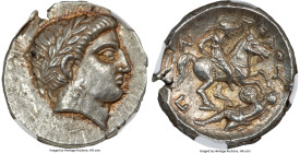 PAEONIAN KINGDOM. Patraus (ca. 335-315 BC). AR tetradrachm (25mm, 12.66 gm, 4h). NGC Choice AU S 5/5 - 5/5, die shift. Laureate head of Apollo right, ...