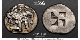 THRACIAN ISLANDS. Thasos. Ca. 500-450 BC. AR stater (33mm, 8.47 gm). NGC Choice XF S 5/5 - 5/5. Nude ithyphallic satyr running right, carrying nymph, ...