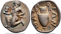 THRACIAN ISLANDS. Thasos. Ca. 412-300 BC. AR trihemiobol(?) (13mm, 0.89 gm, 12h). NGC XF 5/5 - 4/5, Fine Style. Satyr kneeling left, kylix in outstret...