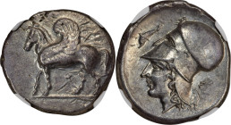 CORINTHIA. Corinth. Ca. 400-380 BC. AR stater (22mm, 8.38 gm, 3h). NGC Choice XF S 5/5 - 4/5. Pegasus walking left on ground line, with curled wings; ...