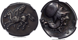 CORINTHIA. Corinth. Ca. 4th century BC. AR stater (23mm, 8.49 gm, 5h). NGC Choice VF 4/5 - 4/5. Pegasus flying left; Ϙ below / EΛΘ, Head of Athena rig...