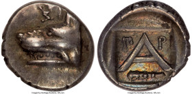 ARGOLIS. Argos. Ca. 330-250 BC. AR obol (10mm, 0.86 gm, 12h). NGC Choice XF S 5/5 - 5/5. ΣI (Σ retrograde), wolf head left / Large A; Π-P across field...