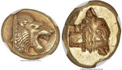 LESBOS. Mytilene. Ca. 521-478 BC. EL sixth-stater or hecte (11mm, 2.57 gm, 3h). NGC AU S 5/5 - 5/5. Head of roaring lion right, wearing beaded collar ...