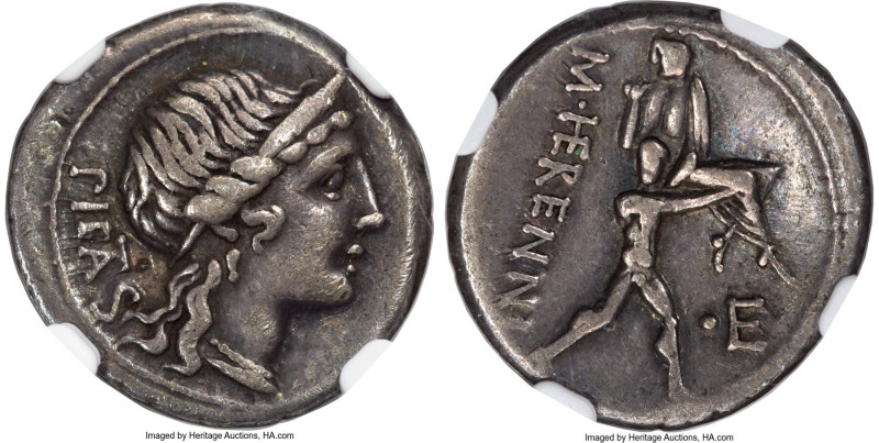 M. Herennius (ca. 108-107 BC). AR denarius (18mm, 3.87 gm, 1h). NGC VF S 5/5 - 5...