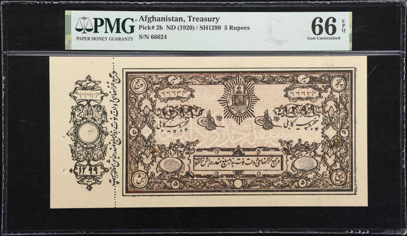 AFGHANISTAN. Treasury. 5 Rupees, ND (1920). P-2b. PMG Gem Uncirculated 66 EPQ.
...