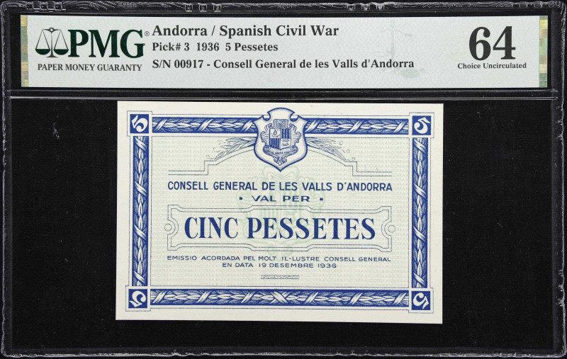 ANDORRA. Consell General de les Valls d'Andorra. 5 Pessetes, 1936. P-3. PMG Choi...