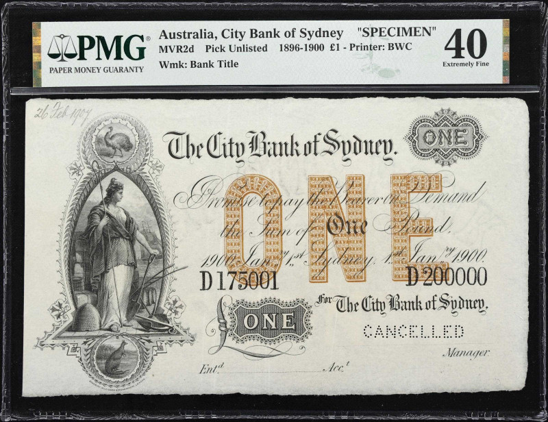 AUSTRALIA. City Bank of Sydney. 1 Pound, 1900. P-Unlisted. MVR2d. Specimen. PMG ...