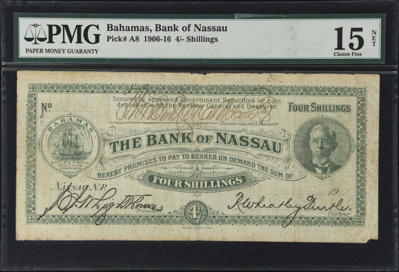 BAHAMAS. Bank of Nassau. 4 Shillings, 1906-16. P-A8. PMG Choice Fine 15 Net. Mar...