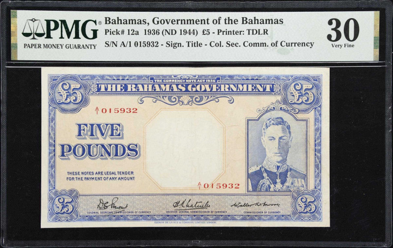 BAHAMAS. Government of the Bahamas. 5 Pounds, 1936 (ND 1944). P-12a. PMG Very Fi...